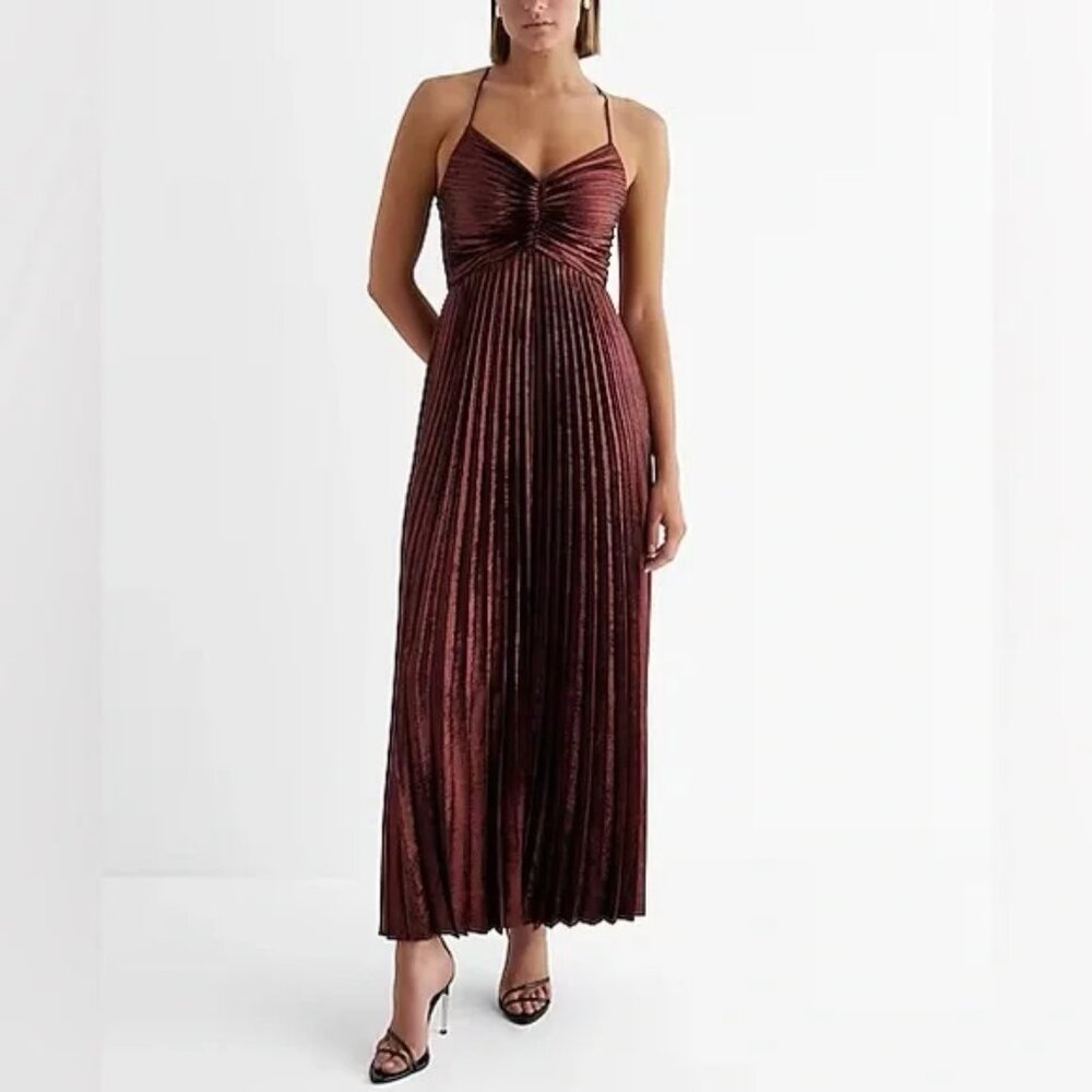 Express NWT metallic bronze pleated V neck criss cross back maxi dress, sz L